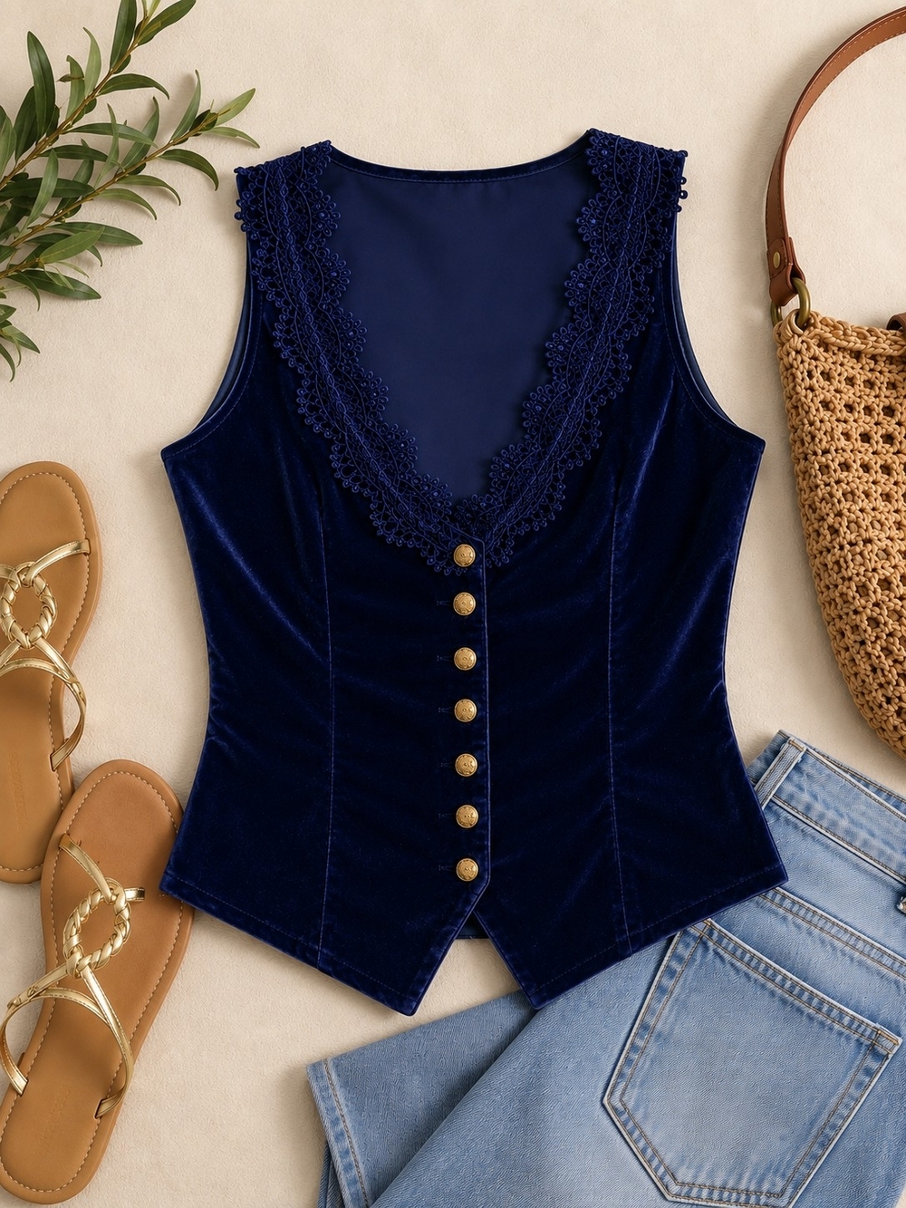 Navy Blue Velvet Lace Trim Corset Tank Top Women's Size Large | Cottagecore Boho - Picture 2 of 3